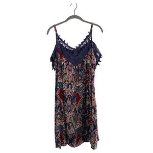Xhiliration Dress L Navy Floral Lace Trimmed Sleeveless  Off Shoulder Boho‎ a